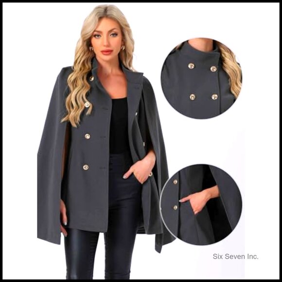 Cape Coat with Slit Sleeves Double Breasted Wool Blend Winter Cloak - Picture 3 of 5